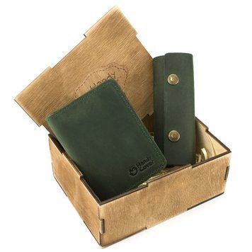 Подарунковий набір чоловічий в коробці Handycover №43 (зелений) ключниця, обкладинка ID паспорт 1271082939 фото