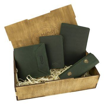 Подарунковий набір жіночий Handycover №44 (зелений) гаманець, 2 обкладинки, ключниця в коробці 1306190256 фото