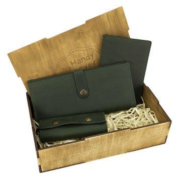 Подарунковий набір жіночий Handycover №45 (зелений) гаманець, обкладинка, ключниця в коробці 1306258248 фото