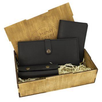 Подарунковий набір жіночий Handycover №45 (чорний) гаманець, обкладинка, ключниця в коробці 1306322613 фото