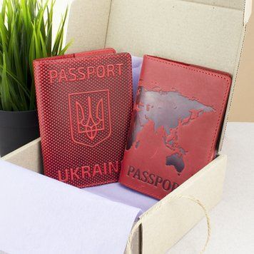 Подарунковий набір №35: обкладинка на паспорт "Герб" + обкладинка на паспорт "Карта" (червоний) 1017012569 фото